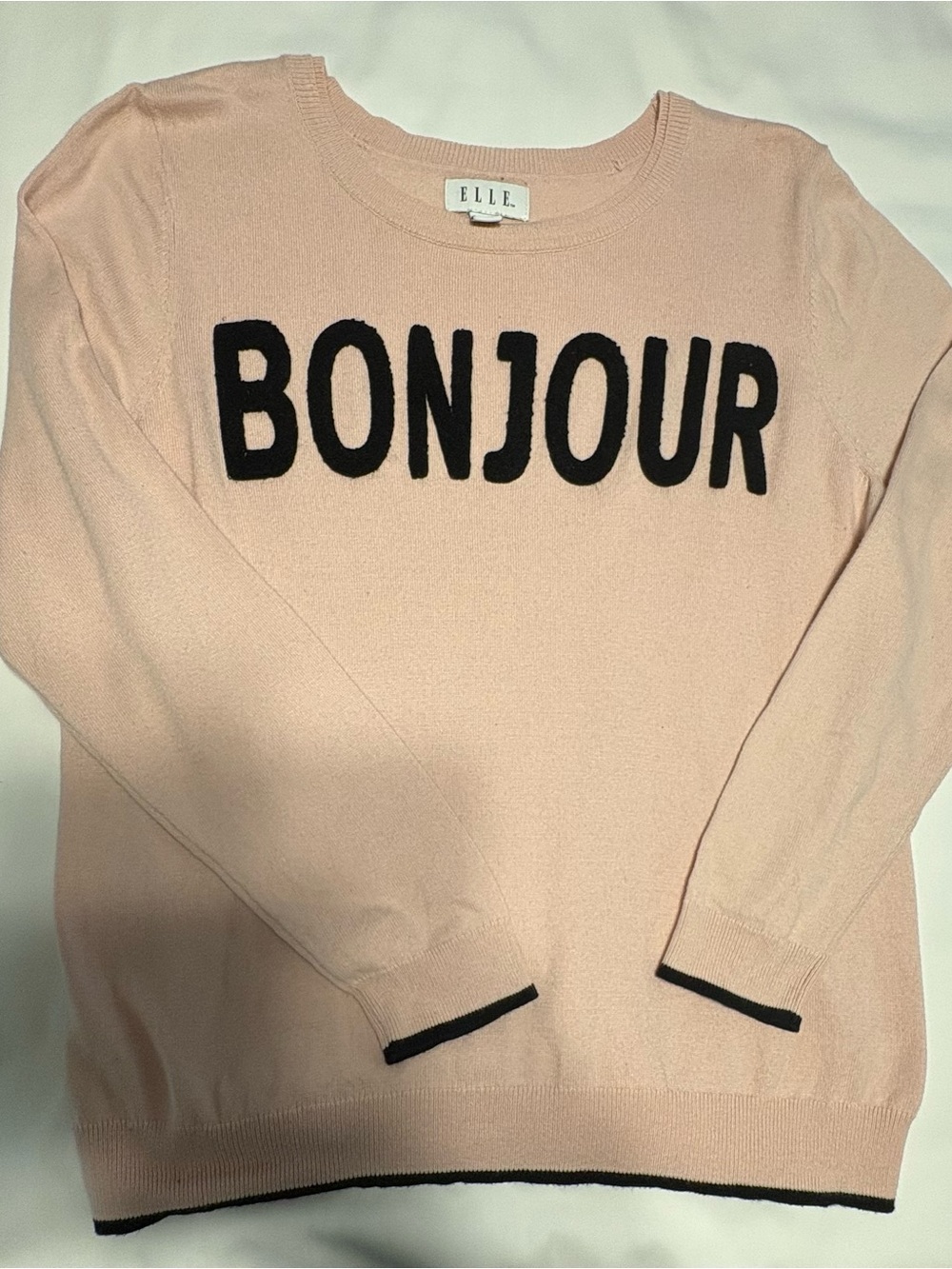 ELLE, “Bonjour” Graphic Lightweight Pink Sweater w/Decorative Black Trim, Sz XL